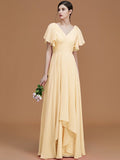 A-Line/Princess V-neck Short Sleeves Floor-Length Ruched Chiffon Bridesmaid Dresses TPP0005041