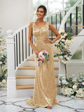 Sheath/Column Sequins Ruched V-neck Sleeveless Sweep/Brush Train Bridesmaid Dresses TPP0004958