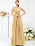 A-Line/Princess Bateau Pleats Sleeveless Long Chiffon Bridesmaid Dresses TPP0005212