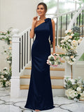 Sheath/Column Silk like Satin Bowknot One-Shoulder Sleeveless Floor-Length Bridesmaid Dresses TPP0004917