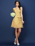 A-Line/Princess V-neck Pleats Bowknot Sleeveless Short Chiffon Bridesmaid Dresses TPP0005372