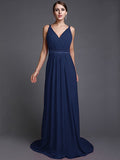 A-Line/Princess V-neck Sleeveless Long Ruffles Chiffon Bridesmaid Dresses TPP0005515