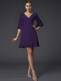 A-Line/Princess V-neck 1/2 Sleeves Beading Short Chiffon Bridesmaid Dresses TPP0005089