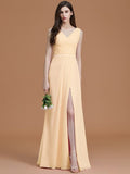 A-Line/Princess V-neck Sleeveless Floor-Length Ruched Chiffon Bridesmaid Dresses TPP0005284