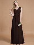 A-Line/Princess V-neck Sleeveless Ruched Floor-Length Chiffon Bridesmaid Dresses TPP0005343