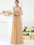 A-Line/Princess One-Shoulder Pleats Hand-Made Flower Sleeveless Long Chiffon Bridesmaid Dresses TPP0005131