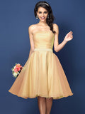 A-Line/Princess Strapless Pleats Sleeveless Short Satin Bridesmaid Dresses TPP0005499