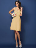 A-Line/Princess Halter Pleats Bowknot Sleeveless Short Chiffon Bridesmaid Dresses TPP0005822