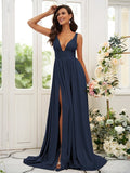 A-Line/Princess Jersey Ruffles V-neck Sleeveless Sweep/Brush Train Bridesmaid Dresses TPP0004896