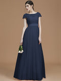 A-Line/Princess Bateau Short Sleeves Floor-Length Sash/Ribbon/Belt Tulle Bridesmaid Dresses TPP0005494