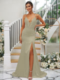 Sheath/Column Silk like Satin Ruched V-neck Sleeveless Sweep/Brush Train Bridesmaid Dresses TPP0004907