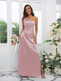 Sheath/Column Elastic Woven Satin Ruched One-Shoulder Sleeveless Floor-Length Bridesmaid Dresses TPP0004908