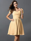 A-Line/Princess V-neck Hand-Made Flower Short Sleeves Short Chiffon Bridesmaid Dresses TPP0005481