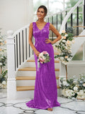 Sheath/Column Sequins Ruched V-neck Sleeveless Sweep/Brush Train Bridesmaid Dresses TPP0004958