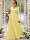 A-Line/Princess Chiffon Ruched V-neck Long Sleeves Floor-Length Bridesmaid Dresses TPP0004950