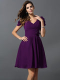 A-Line/Princess V-neck Hand-Made Flower Short Sleeves Short Chiffon Bridesmaid Dresses TPP0005481