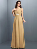 A-Line/Princess V-neck Beading Pleats Sleeveless Long Chiffon Bridesmaid Dresses TPP0005270