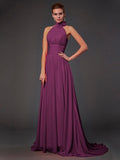 A-Line/Princess Halter Sleeveless Hand-Made Flower Long Chiffon Bridesmaid Dresses TPP0004909