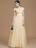 A-Line/Princess Bateau Short Sleeves Floor-Length Sash/Ribbon/Belt Tulle Bridesmaid Dresses TPP0005494