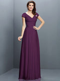 A-Line/Princess V-neck Pleats Short Sleeves Long Chiffon Bridesmaid Dresses TPP0005256