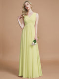 A-Line/Princess V-neck Sleeveless Ruched Floor-Length Chiffon Bridesmaid Dresses TPP0005343