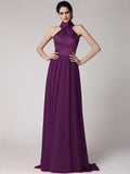 Sheath/Column Halter Sleeveless Pleats Long Elastic Woven Satin Chiffon Bridesmaid Dresses TPP0005653