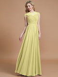 A-Line/Princess Scoop Short Sleeves Chiffon Floor-Length Bridesmaid Dresses TPP0005597