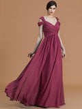 A-Line/Princess Off-the-Shoulder Sleeveless Floor-Length Ruched Chiffon Bridesmaid Dresses TPP0005358