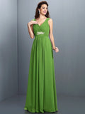 A-Line/Princess V-neck Beading Pleats Sleeveless Long Chiffon Bridesmaid Dresses TPP0005270