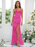 Sheath/Column Elastic Woven Satin Ruched Spaghetti Straps Sleeveless Sweep/Brush Train Bridesmaid Dresses TPP0004935