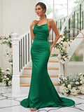 Sheath/Column Charmeuse Ruched Square Sleeveless Sweep/Brush Train Bridesmaid Dresses TPP0004912