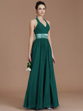 A-Line/Princess Halter Sleeveless Sash/Ribbon/Belt Floor-Length Chiffon Bridesmaid Dresses TPP0005410