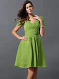 A-Line/Princess V-neck Hand-Made Flower Short Sleeves Short Chiffon Bridesmaid Dresses TPP0005481