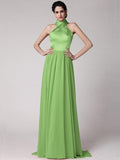 Sheath/Column Halter Sleeveless Pleats Long Elastic Woven Satin Chiffon Bridesmaid Dresses TPP0005653