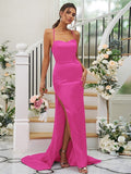 Sheath/Column Elastic Woven Satin Ruched Square Sleeveless Sweep/Brush Train Bridesmaid Dresses TPP0004933