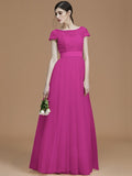 A-Line/Princess Bateau Short Sleeves Floor-Length Sash/Ribbon/Belt Tulle Bridesmaid Dresses TPP0005494