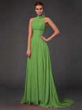 A-Line/Princess Halter Sleeveless Hand-Made Flower Long Chiffon Bridesmaid Dresses TPP0004909