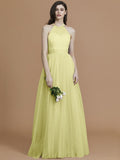 A-Line/Princess Halter Sleeveless Floor-Length Ruffles Tulle Bridesmaid Dresses TPP0005376