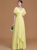 A-Line/Princess V-neck Short Sleeves Floor-Length Ruched Chiffon Bridesmaid Dresses TPP0005041