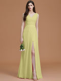 A-Line/Princess V-neck Sleeveless Floor-Length Ruched Chiffon Bridesmaid Dresses TPP0005284