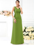 Sheath/Column V-neck Pleats Sleeveless Long Chiffon Bridesmaid Dresses TPP0005028