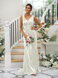 Sheath/Column Sequins Ruched V-neck Sleeveless Sweep/Brush Train Bridesmaid Dresses TPP0004958