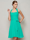 A-Line/Princess Halter Sleeveless Pleats Bowknot Short Chiffon Bridesmaid Dresses TPP0005094