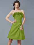 Sheath/Column Strapless Sleeveless Hand-Made Flower Short Taffeta Bridesmaid Dresses TPP0005868