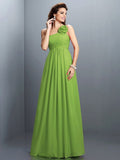 A-Line/Princess One-Shoulder Hand-Made Flower Pleats Sleeveless Long Chiffon Bridesmaid Dresses TPP0005399