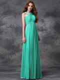 A-line/Princess Straps Ruched Sleeveless Long Chiffon Bridesmaid Dresses TPP0005379