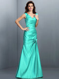 A-Line/Princess V-neck Pleats Sleeveless Long Satin Bridesmaid Dresses TPP0005497