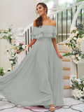 A-Line/Princess Chiffon Ruffles Off-the-Shoulder Sleeveless Floor-Length Bridesmaid Dresses TPP0004914