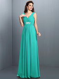 A-Line/Princess V-neck Beading Pleats Sleeveless Long Chiffon Bridesmaid Dresses TPP0005270