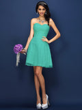 A-Line/Princess Sweetheart Lace Pleats Sleeveless Short Satin Bridesmaid Dresses TPP0005420